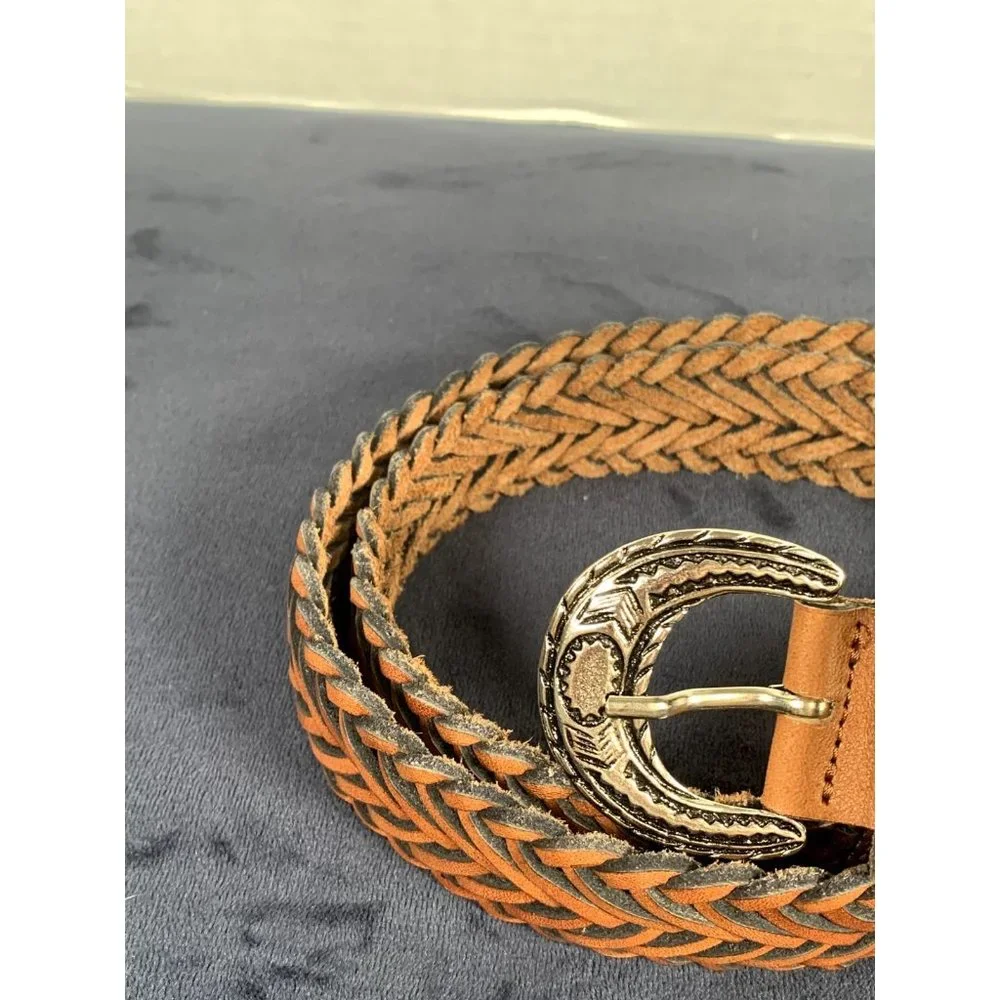 Vintage Womens Braided Belt Leather Brown Medium Solid Silver Tone Buckle Nice‎
